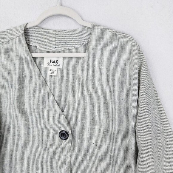 FLAX Jacket Womens Large Gray Jeanne Engelhart Linen Striped Button Front V Neck - Picture 2 of 11